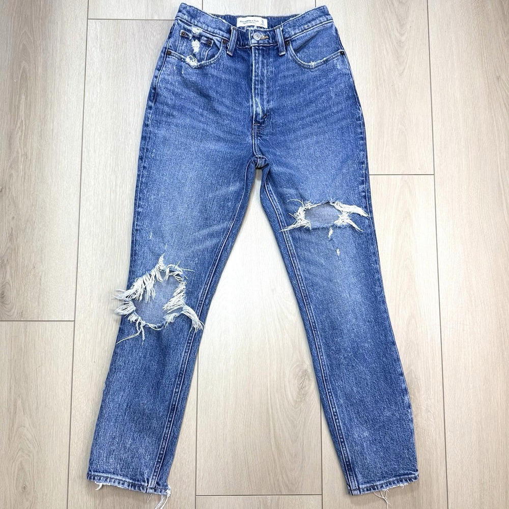 Abercrombie High Rise Mom Jeans Size 25 (24) Distressed Blue Denim Raw Hem Crop - Picture 1 of 8